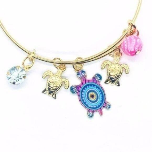 Beaded Sea Turtle Charm Colorful Bangle Bracelet - Picture 3 of 8